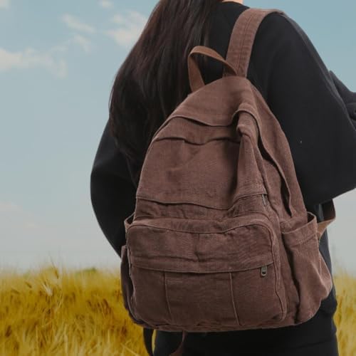 Coffee Brown Canvas Backpack for Women & Men Retro Aesthetic Rucksack Basic Backpack for High School/College Students Travel Laptop Bag - Image 2
