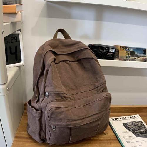Coffee Brown Canvas Backpack for Women & Men Retro Aesthetic Rucksack Basic Backpack for High School/College Students Travel Laptop Bag - Image 3
