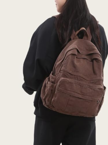 Coffee Brown Canvas Backpack for Women & Men Retro Aesthetic Rucksack Basic Backpack for High School/College Students Travel Laptop Bag - Image 4